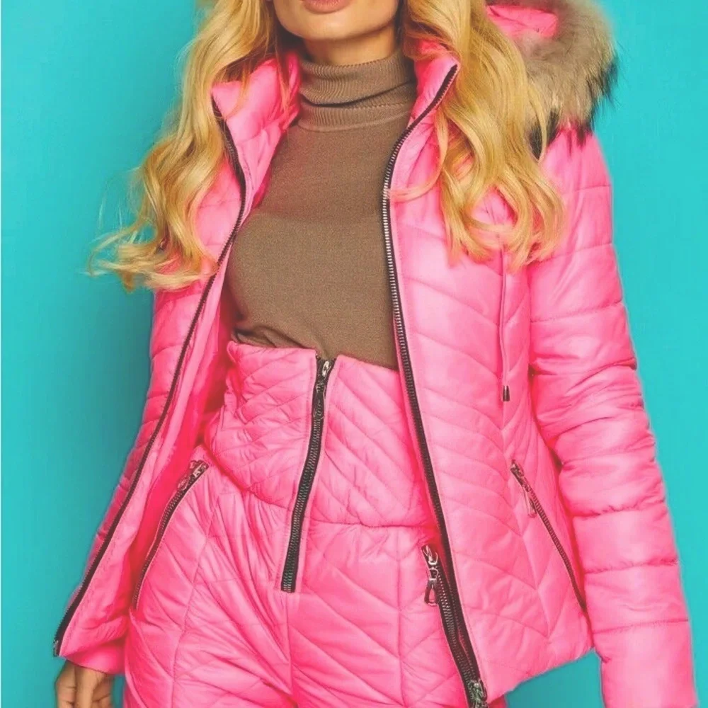 Chalet Puffer coordinate set snow ski jacket & high waisted pants pink red black - Picture 9 of 16